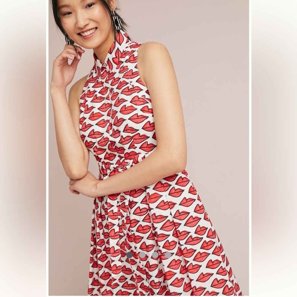 Anthropologie Red Smooch Dress. All Over Red Lip Design. Button Front. Pockets.